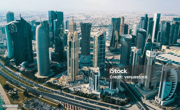 Downtown Doha Qatar Aerial Modern Skyscrapers Stock Photo - Download Image Now - Qatar, Doha, Urban Skyline