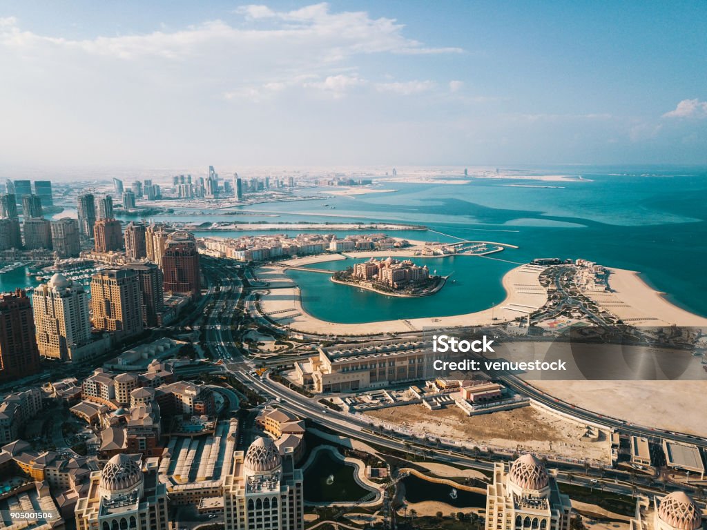 The Pearl of Doha in Qatar aerial view Qatar, Doha, Pearl, Luxury Qatar Stock Photo