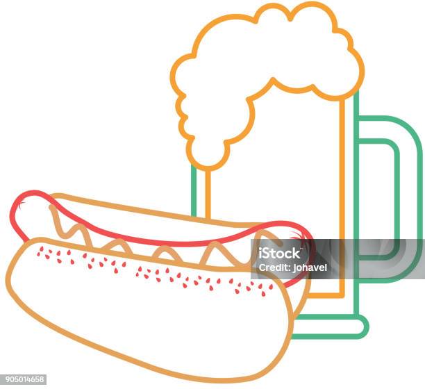 Hot Dog And Beer Food Unhealthy Stock Illustration - Download Image Now - Alcohol - Drink, American Culture, Barbecue - Meal