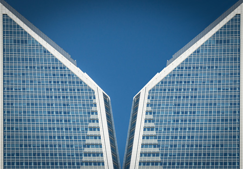 A symmetrical abstract of a Charlotte, NC skyscraper.