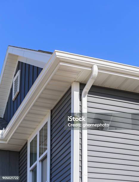 New Home With Gutters And Soffit Stock Photo - Download Image Now - Roof Gutter, Siding - Building Feature, Plastic