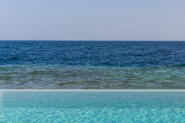 istock Outdoor swimmimg pool and blue sea 905021834