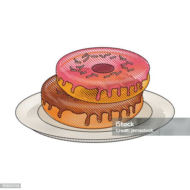 Sweet Donuts On Dish Stock Illustration - Download Image Now - Baked, Bakery, Baking