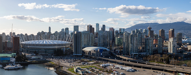 Aerial Panaramic Vancouver City Skyline View. Picture taken in British Columbia, Canada.