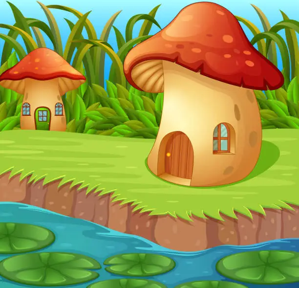 Vector illustration of a waterlily in front of a mushroom house in beautiful nature