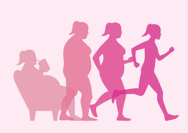 Fat woman get out of sofa and change to slim shape with run. Fat woman stand up from sofa for loss weight with jogging. This illustration about workout concept. change silhouettes stock illustrations