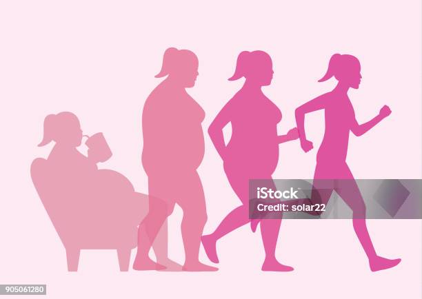 Fat Woman Get Out Of Sofa And Change To Slim Shape With Run Stock Illustration - Download Image Now