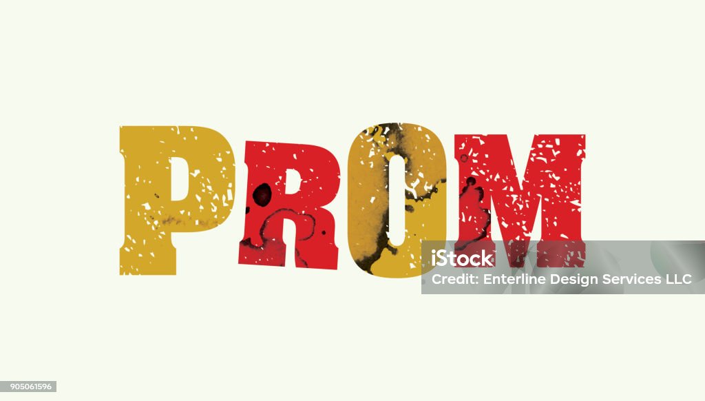 Prom Concept Colorful Stamped Word Illustration The word PROM concept printed in letterpress hand stamped colorful grunge paint and ink. Vector EPS 10 available. Prom stock vector