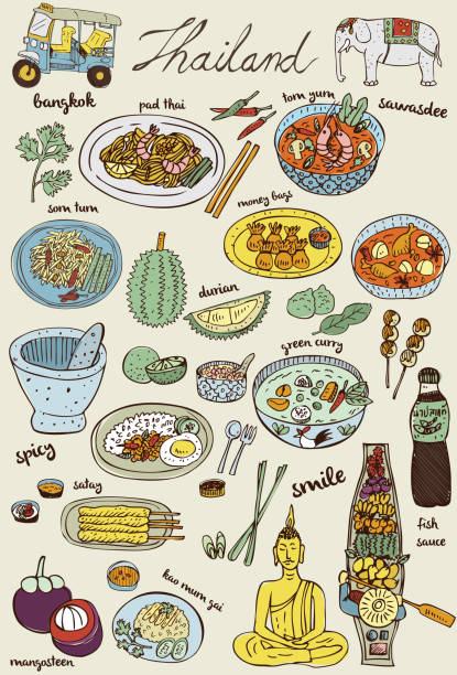 набор тайской кухни и иконок каракули, вектор - пхукет stock illustrations