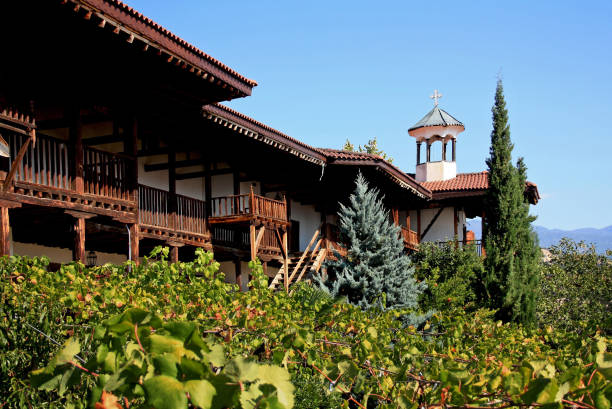 Rozhen Monastery in Bulgaria Melnik, Bulgaria - 7 October 2012: Rozhen Monastery (Rozhenski Manastir) in Bulgaria, Blagoevgrad region with its wooden terrace and green garden during summer blagoevgrad province photos stock pictures, royalty-free photos & images