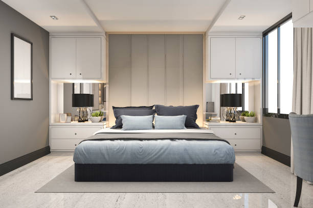 istock 3d rendering modern luxury blue bedroom with marble decor 905083710