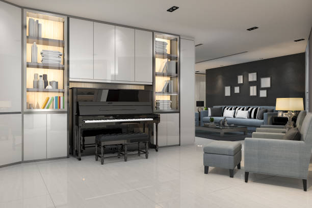 istock 3d rendering modern grey living room with piano and blue armchair 905083712