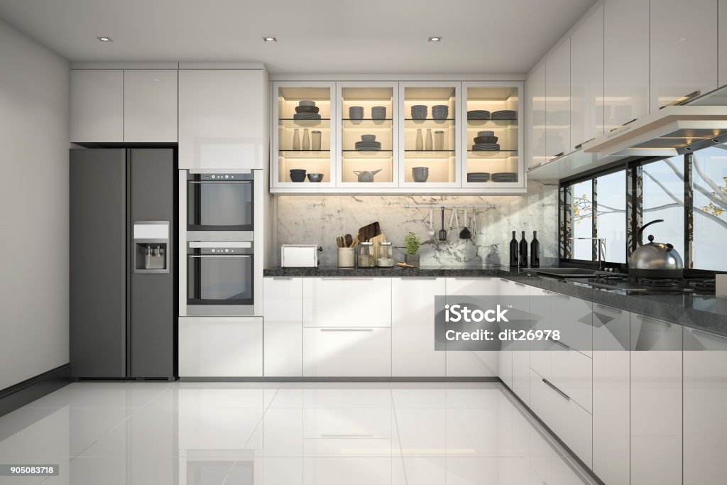 3D bela cozinha branca moderna com decoração em mármore de renderização - Foto de stock de Cozinha royalty-free