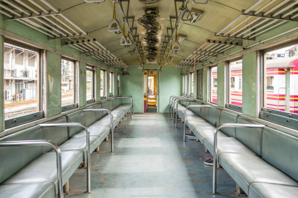 istock Inside of railway train with seats vintage style 905084760