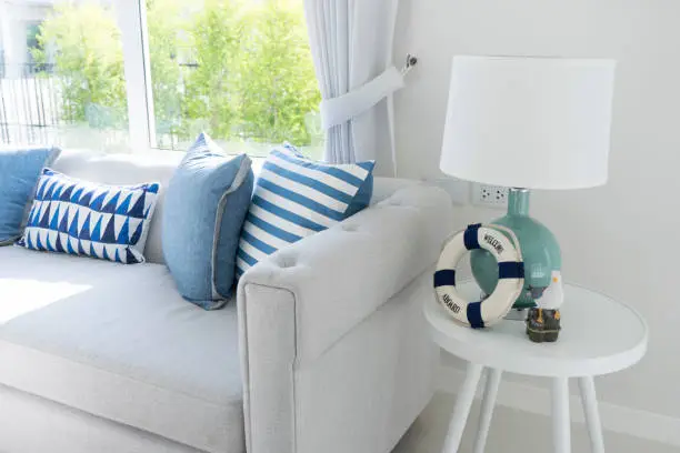 table lamp in blue tone beach house living room interior