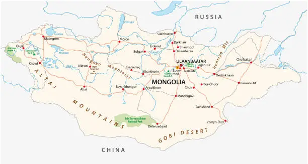 Vector illustration of mongolia road and national park map