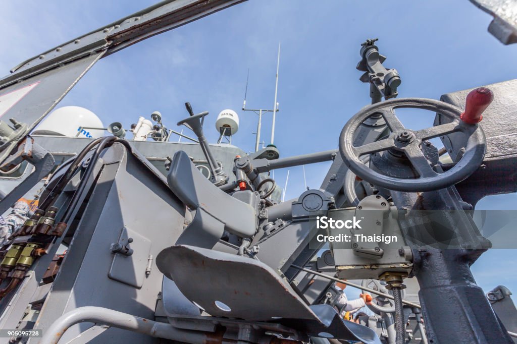 a shooting gun on the battleship The warships have various weapons like a shotgun gun shooting machine aircraft shooting and missiles inside warships have many control room for adjust the shooting Aiming Stock Photo