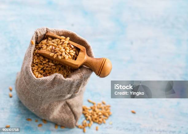 Flax Seeds In Bag And Scoop Stock Photo - Download Image Now - Flax Seed, Gold Colored, Above