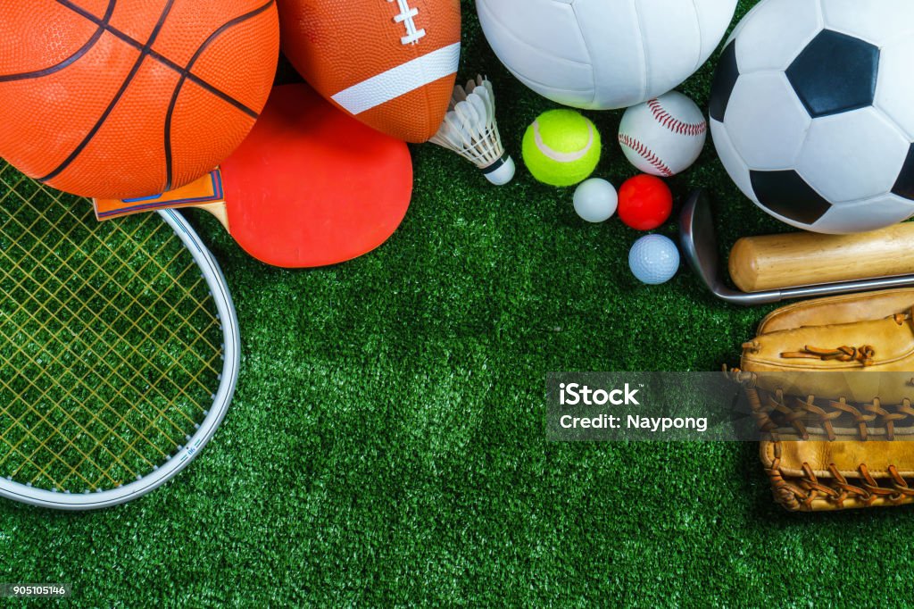 Sports Equipment on green grass, Top view Sport Stock Photo