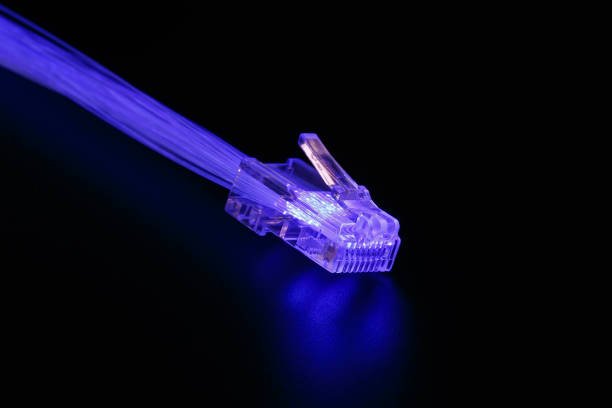 luminous fiber-optic lines and connector RJ-45. The concept of high-speed communication.