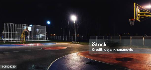 Basketball Court At Night Stock Photo - Download Image Now - Agricultural Field, Backgrounds, Basket