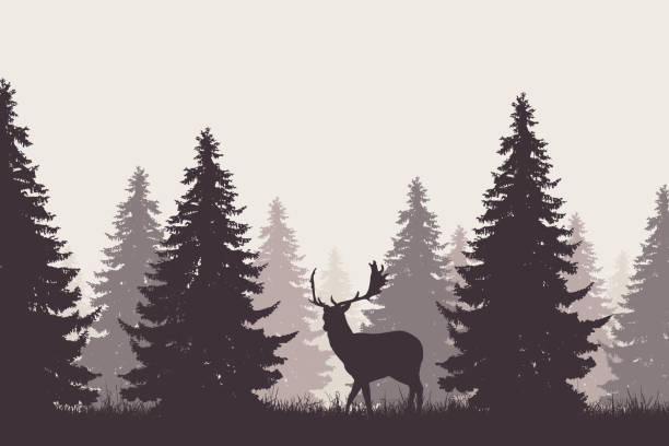 A retro coniferous forest with silhouette of a fallow deer - vector A retro coniferous forest with silhouette of a fallow deer - vector hunting stock illustrations