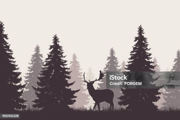 A Retro Coniferous Forest With Silhouette Of A Fallow Deer Vector Stock Illustration - Download Image Now
