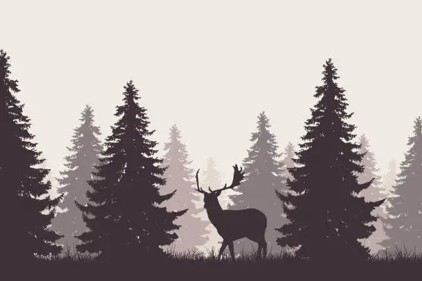 Vector illustration of A retro coniferous forest with silhouette of a fallow deer - vector