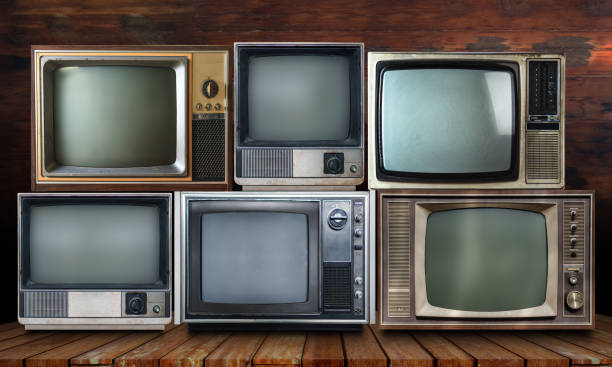 Vintage tv on wood shelf background