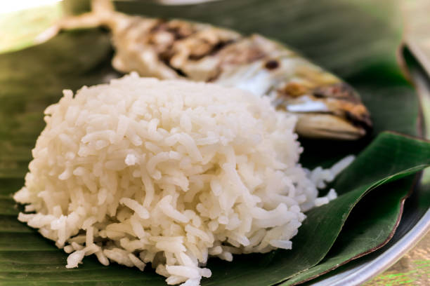 istock Jasmine rice top up on banana leaf with grill fish 905109772