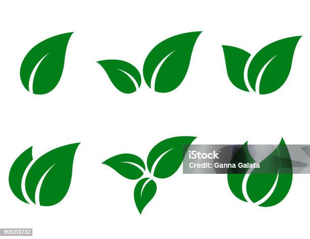 Grüne Blättericonset Stock Vektor Art und mehr Bilder von Icon - Icon, Blatt - Pflanzenbestandteile, Logo