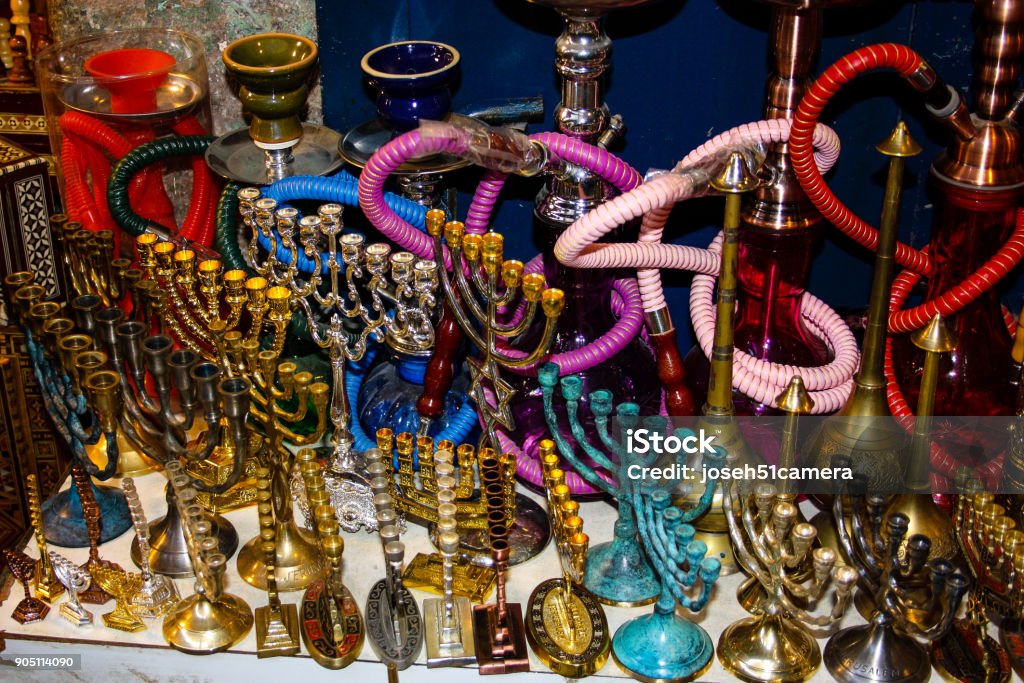 colors of Israel Closeup of religious objects  in a souvenirs shop in the bazaar of the old city of Jerusalem Jerusalem Stock Photo