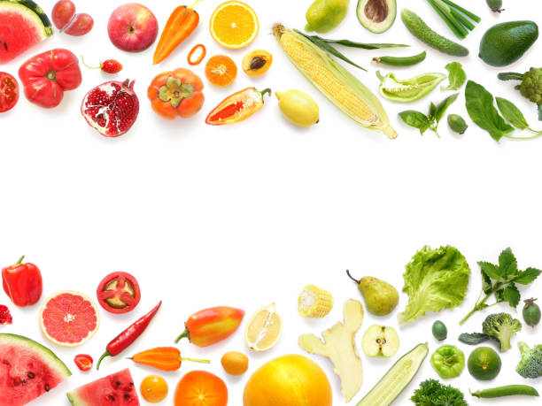 istock Frame pattern of various fresh vegetables and fruits isolated on white background 905114360