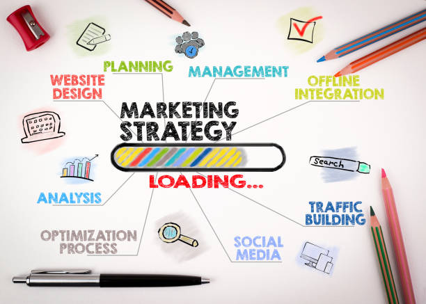 istock marketing strategy Concept. Chart with keywords and icons on white background 905114716
