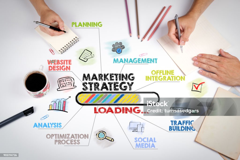 marketing strategy Concept. Chart with keywords and icons. The meeting at the white office table Marketing Stock Photo