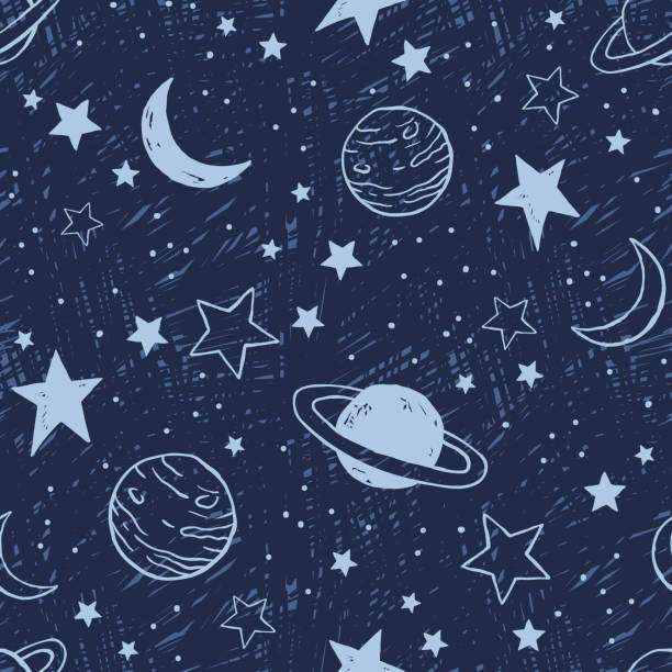 Seamless pattern with planets and stars Vector space seamless pattern with planets and stars. Night sky hand drawn doodle background cartoon of blue sky texture stock illustrations