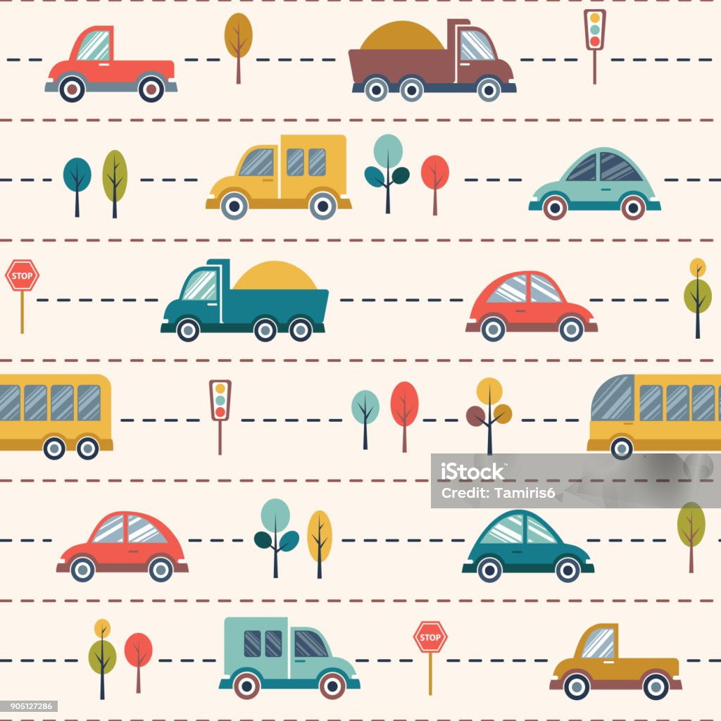 Seamless kids cartoon pattern with cars, buses, trucks Vector kids cartoon seamless pattern with colorful cars, buses, trucks and trees on the road Car stock vector