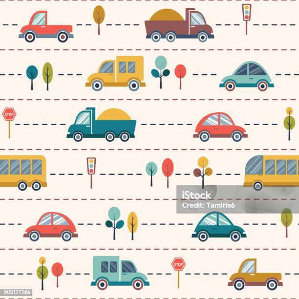 Seamless Kids Cartoon Pattern With Cars Buses Trucks Stock Illustration - Download Image Now