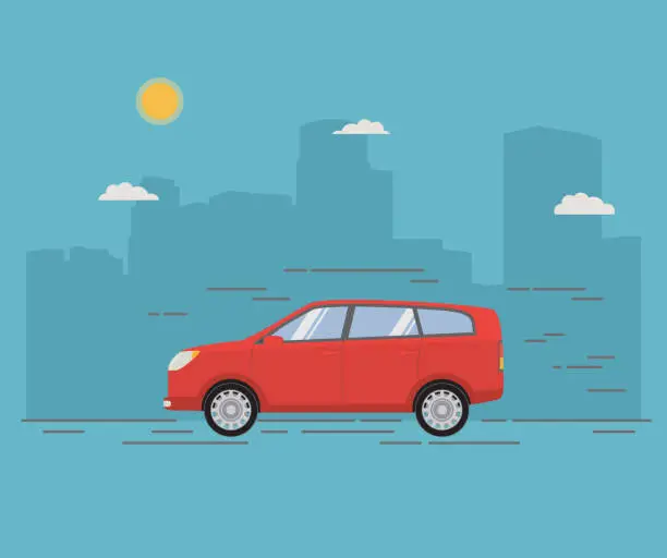 Vector illustration of City family crossover. Car of red color body type hatchback. A city landscape with skyscrapers.