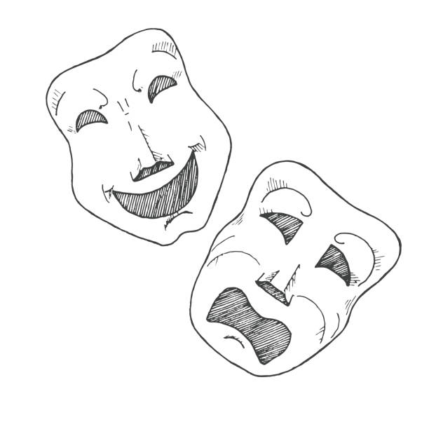 ilustraciones, imágenes clip art, dibujos animados e iconos de stock de dibujo de máscaras teatrales. tragedia y comedia. vector de - tragedy mask illustrations