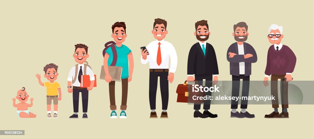 Character of a man in different ages. A baby, a child, a teenager, an adult, an elderly person. The life cycle Character of a man in different ages. A baby, a child, a teenager, an adult, an elderly person. The life cycle. Generation of people and stages of growing up. Vector illustration in cartoon style Men stock vector