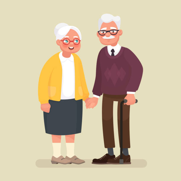 älteres paar hand in hand. vektor-illustration im cartoon-stil - grandmother standing senior women senior adult stock-grafiken, -clipart, -cartoons und -symbole