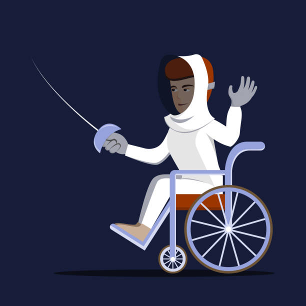 Young man in wheelchair fencing Disabled fencing young man in a wheelchair. Vector illustration of handicapped swordsman with rapier. Flat design, isolated background. Concept for sport, summer paralympic games, recovery, swordplay. person sitting on fence stock illustrations