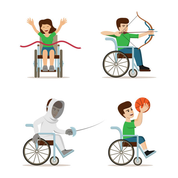 Set of vector illustration with disabled athletes Set of vector illustration with disabled athletes. Concept for paralympics games and sport activities - archery, triathlon, fencing, basketball. Handicapped sportsmen. Flat design. person sitting on fence stock illustrations