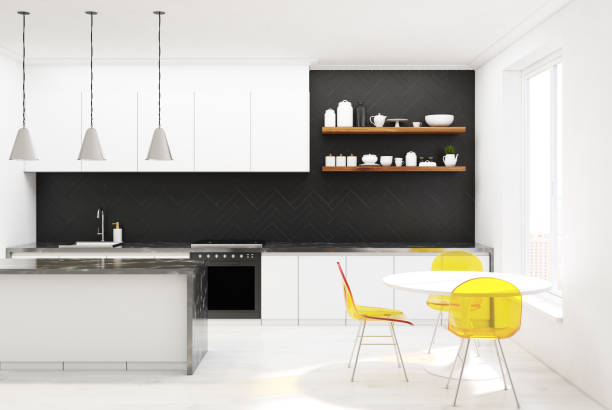 istock Black wooden kitchen, yellow chairs, concrete 905139530
