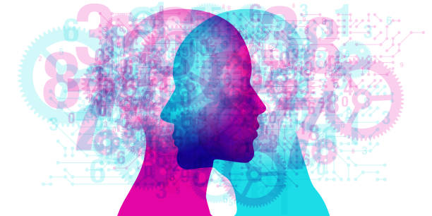 Mind Innovation - Specs A male and female side silhouette positioned face to face, overlaid with various semi-transparent shapes, machine gears, circuit board patterns and numbers. gender stereotypes stock illustrations