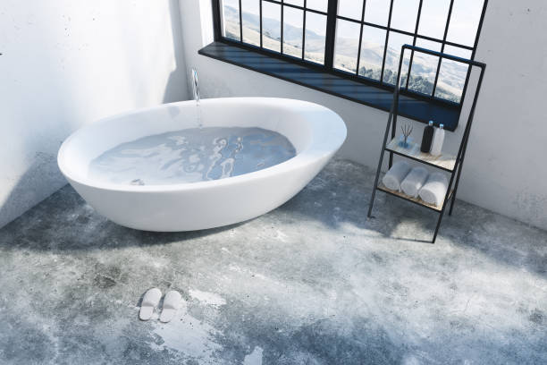 istock Bright bathroom with city view 905143486