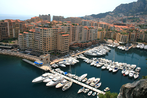 Apartments overlooking yachts and boats in Fontvielle Harbour, Monaco. April 26th, 2011.