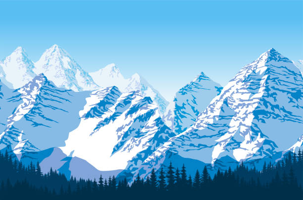 illustrazioni stock, clip art, cartoni animati e icone di tendenza di senza soluzione di continuità vettore blu belle montagne con modello panorama foresta - glacier mountain ice european alps