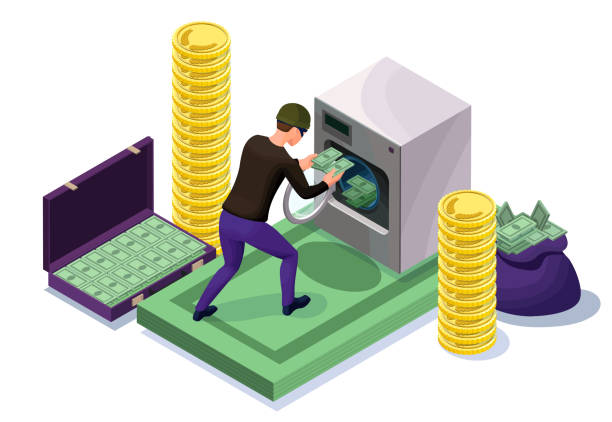 Criminal washing banknotes in machine, money laundering icon with bandit, financial fraud concept, isometric 3d vector illustration Criminal washing banknotes in machine, money laundering icon with bandit, financial fraud concept, isometric 3d vector illustration money laundering stock illustrations